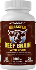 Vitamatic bottle full of grass-fed beef brain with liver capsules for daily support.