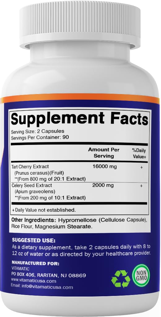 Vitamatic bottle side label displays dosage and ingredients.
