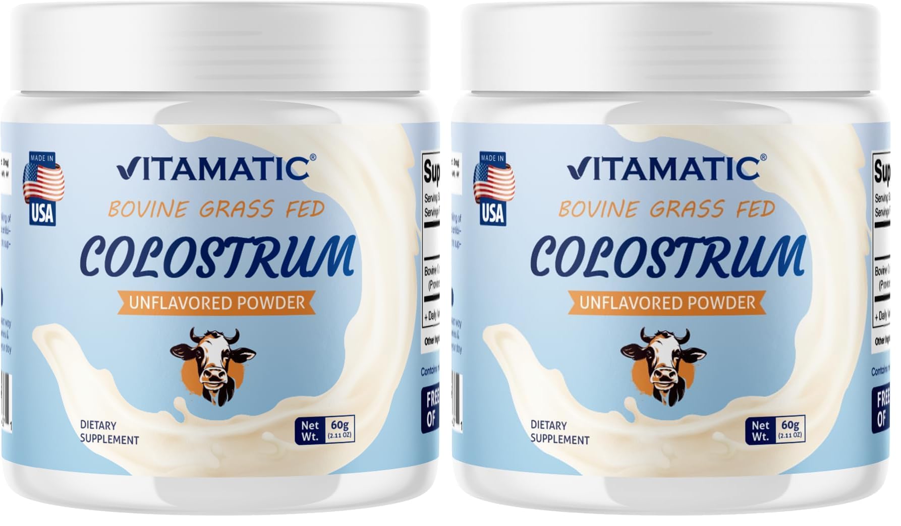 Vitamatic Bovine Colostrum IgG 30% powder in a jar for daily gut support.
