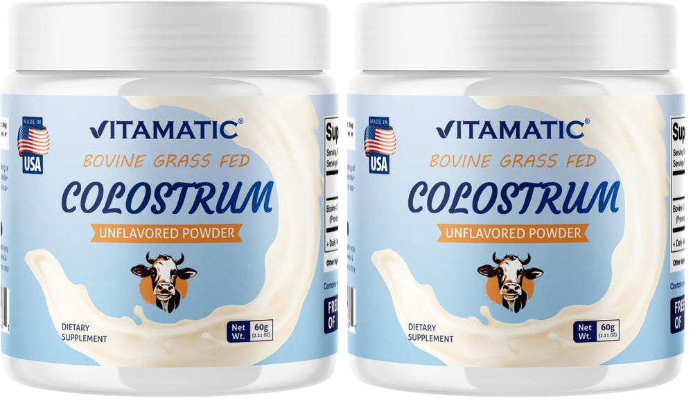 Vitamatic Bovine Colostrum IgG 30% powder in a jar for daily gut support.