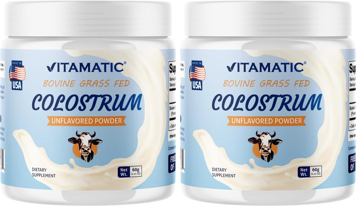 Vitamatic Bovine Colostrum IgG 30% powder in a jar for daily gut support.