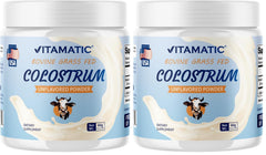 Vitamatic Bovine Colostrum IgG 30% powder in a jar for daily gut support.
