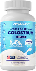 Vitamatic bovine colostrum bottle displayed on a clean counter for daily gut support