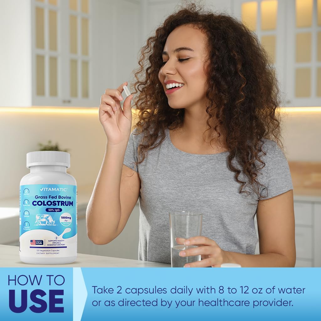 Vitamatic colostrum bottle shown on a kitchen shelf for everyday wellness