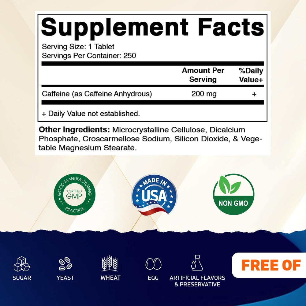 Vitamatic caffeine pills label close-up emphasizing 200 mg caffeine per tablet