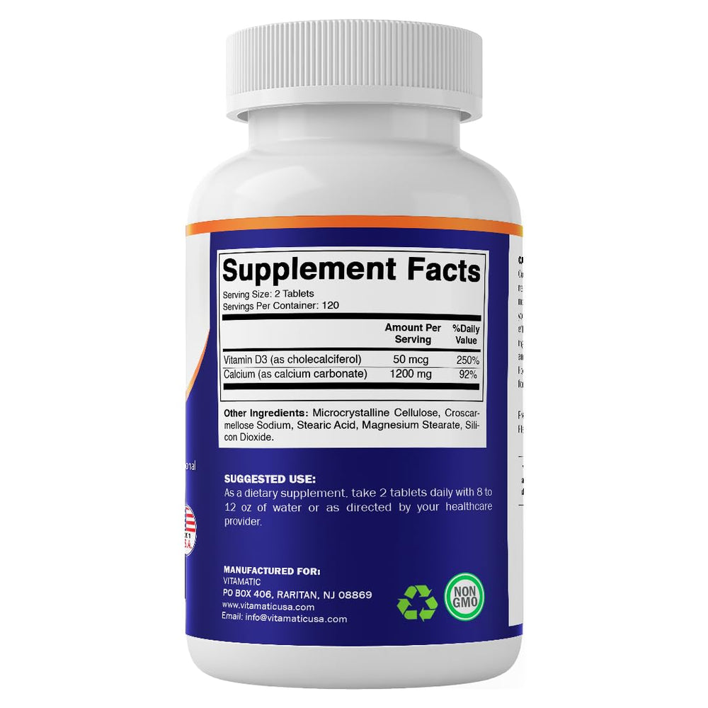 Vitamatic Calcium 1200mg with D3 supplement for immune support visuals.