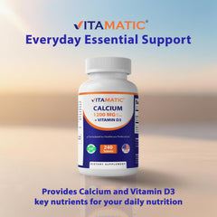 Vitamatic Calcium 1200mg with D3 packaging on table for display.