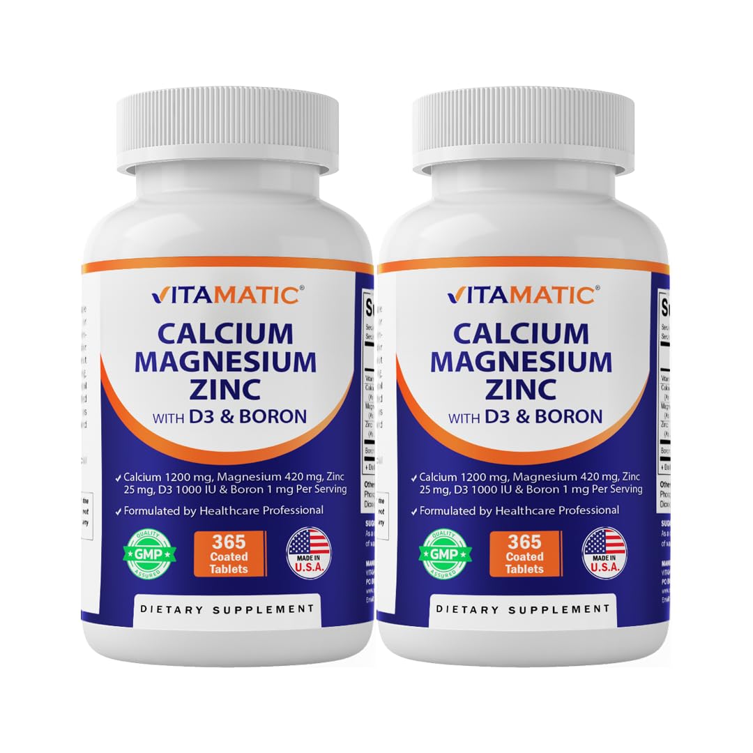 Vitamatic Calcium Magnesium Zinc D3 Boron bottle on a countertop for daily wellness.