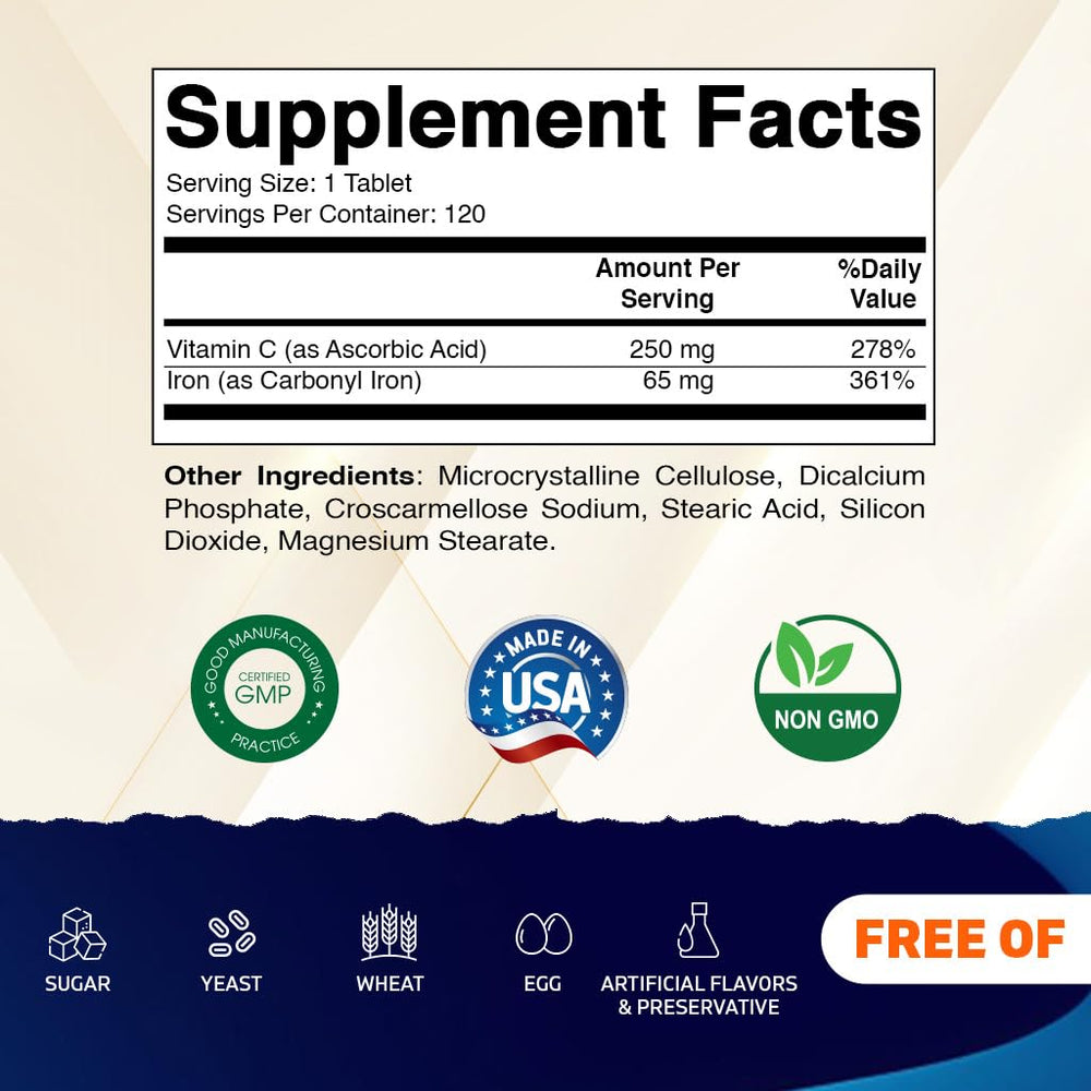 Close-up of Vitamatic Carbonyl Iron tablets highlighting their smooth texture and dosing.