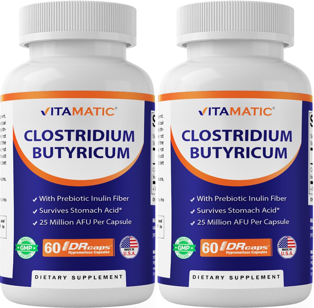 Vitamatic Clostridium butyricum bottle on desk for daily digestive balance.