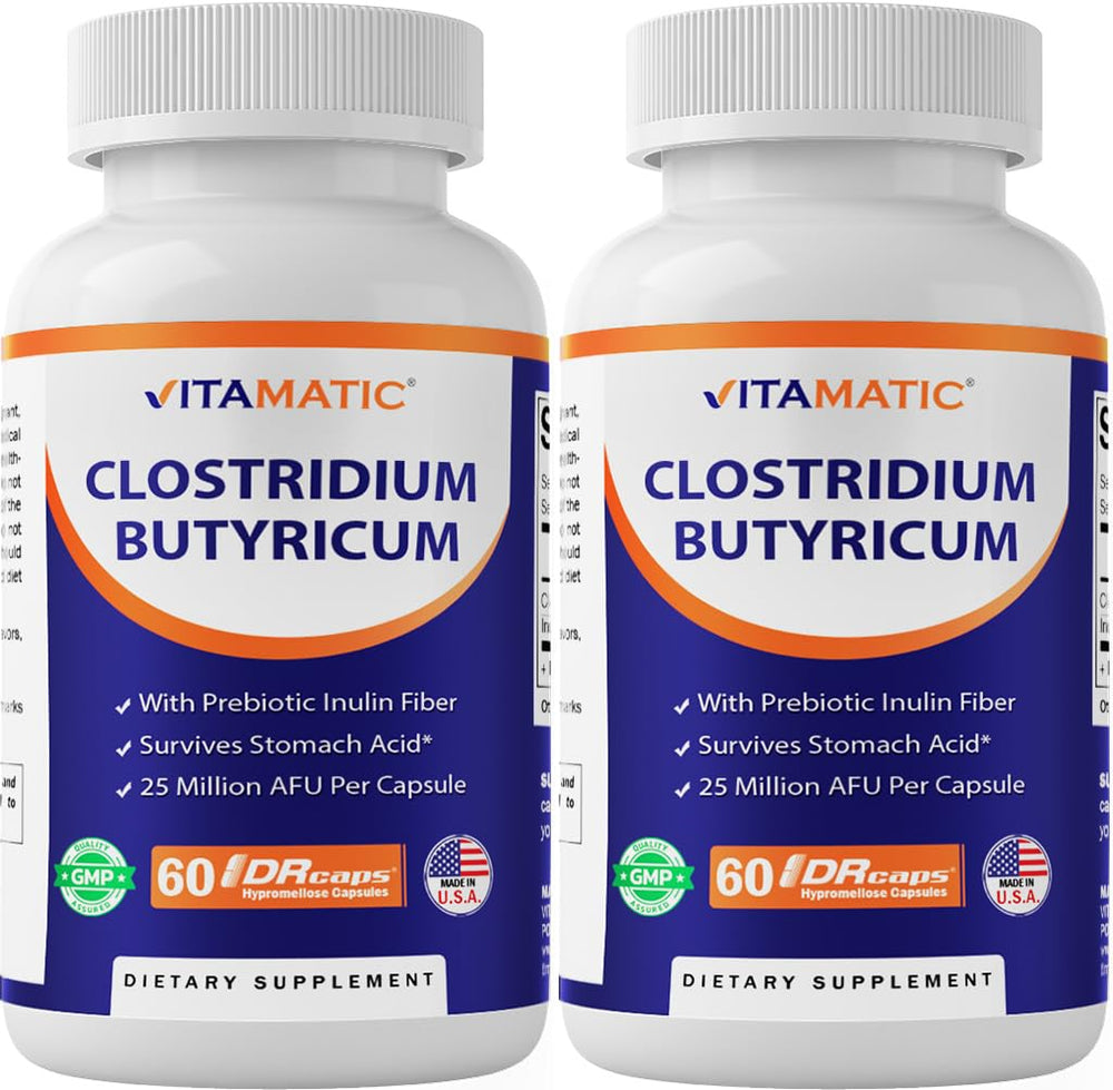 Vitamatic Clostridium butyricum bottle on desk for daily digestive balance.
