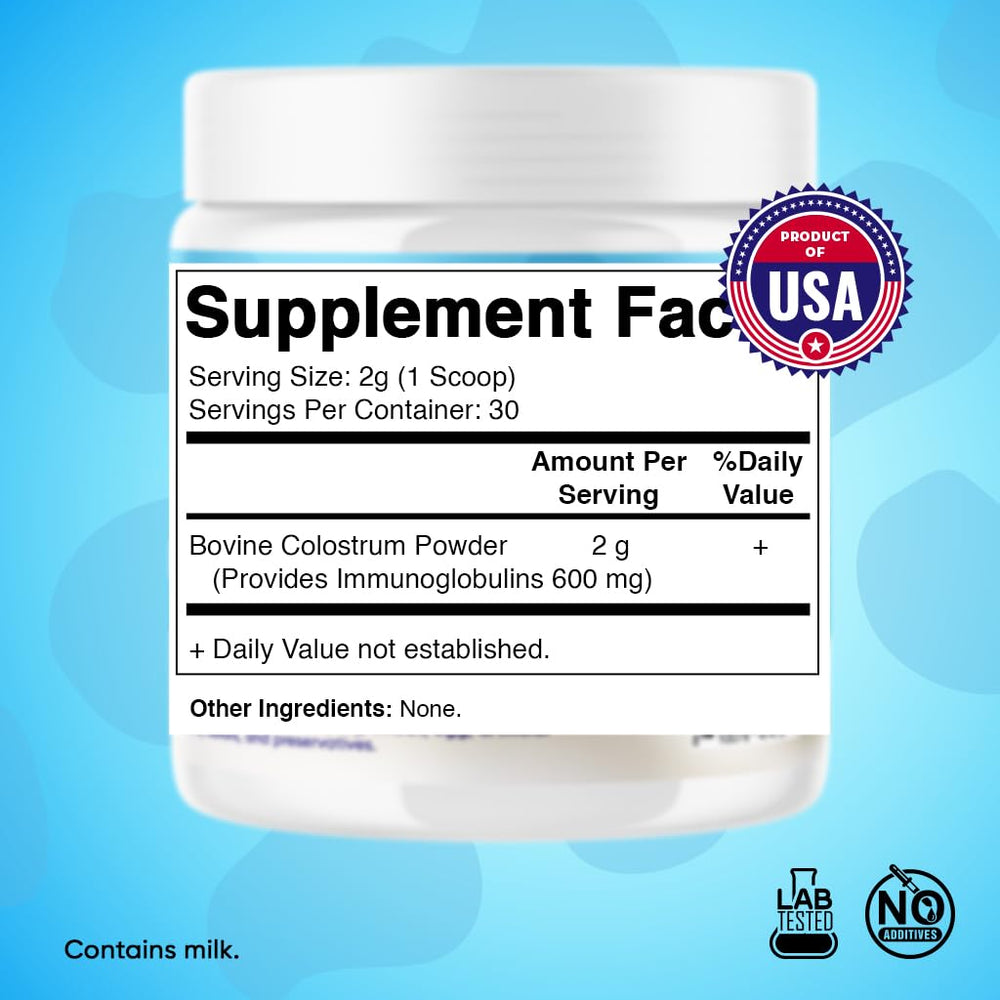 Vitamatic colostrum powder stirred into a cold beverage for smooth texture.