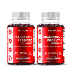 Vitamatic cranberry gummies bottle front shows tasty vegan formula for urinary tract support