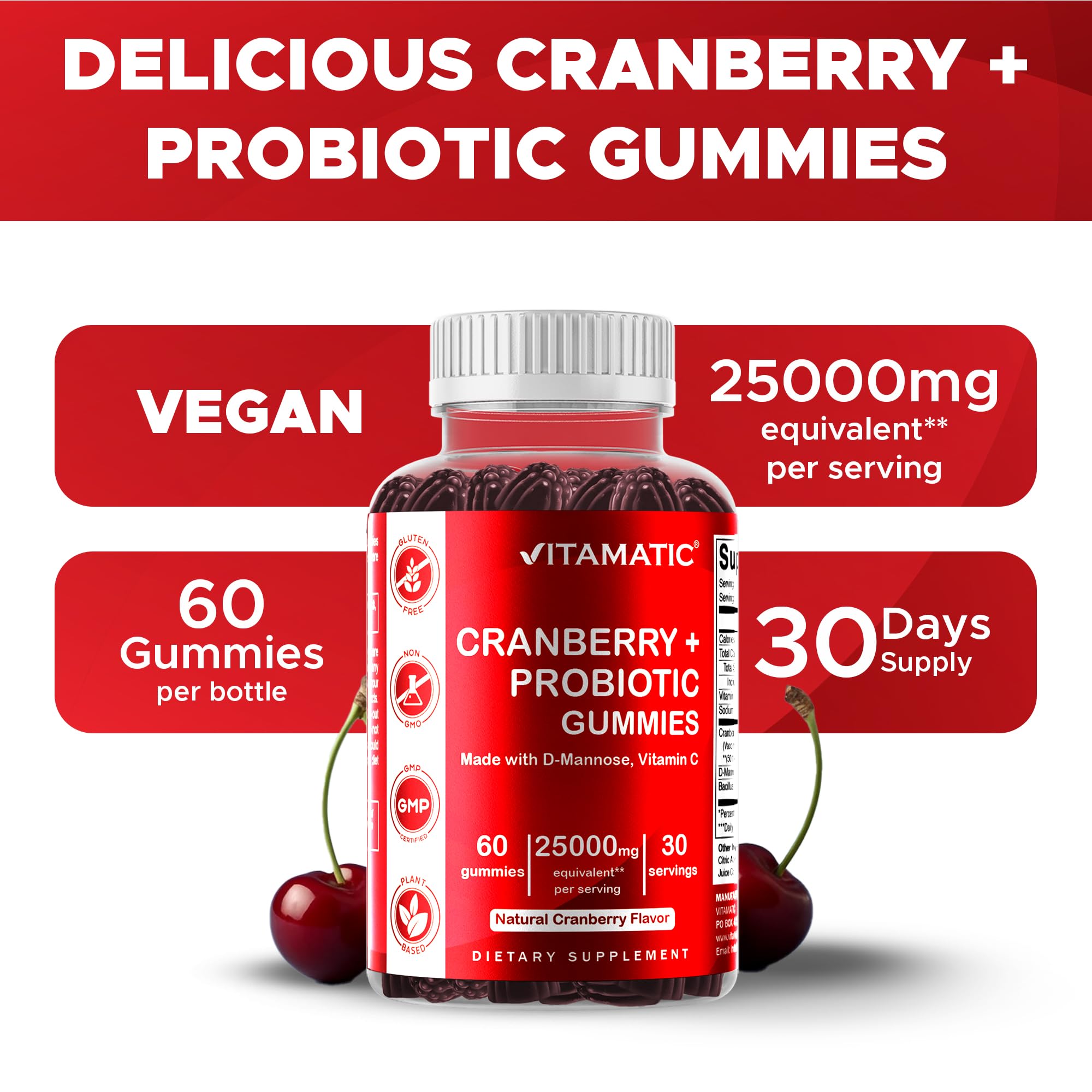 Vitamatic cranberry gummies gummy texture close-up shows chewy, natural flavor