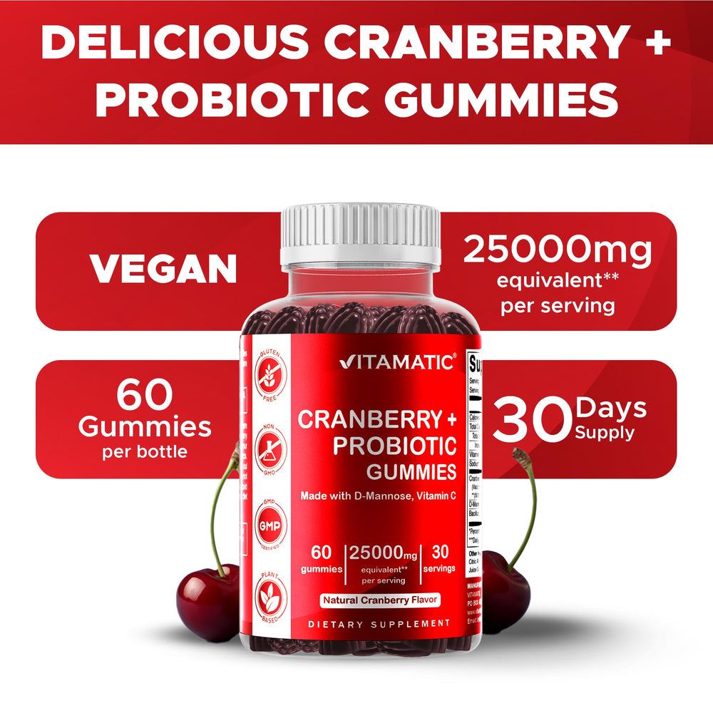 Vitamatic cranberry gummies gummy texture close-up shows chewy, natural flavor