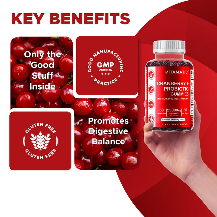 Ingredients close-up featuring probiotic and D-Mannose components in Vitamatic formula