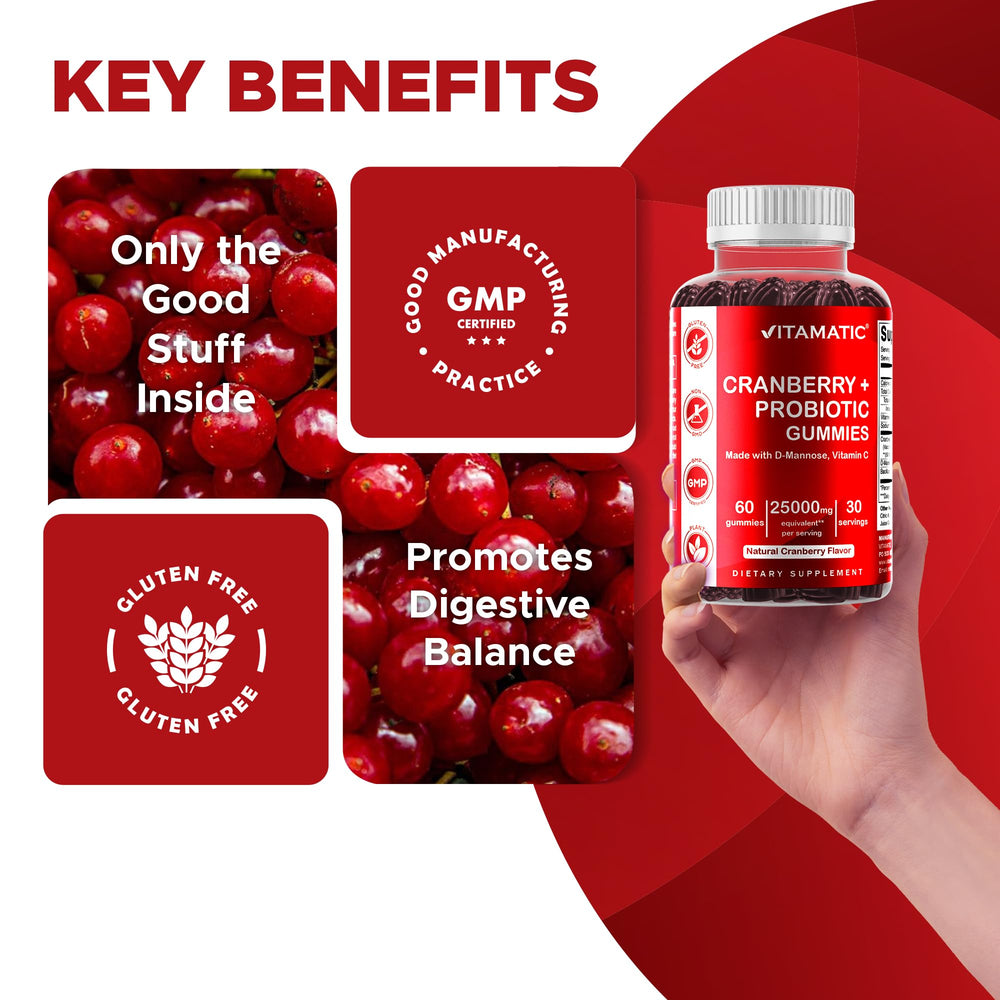 Ingredients close-up featuring probiotic and D-Mannose components in Vitamatic formula