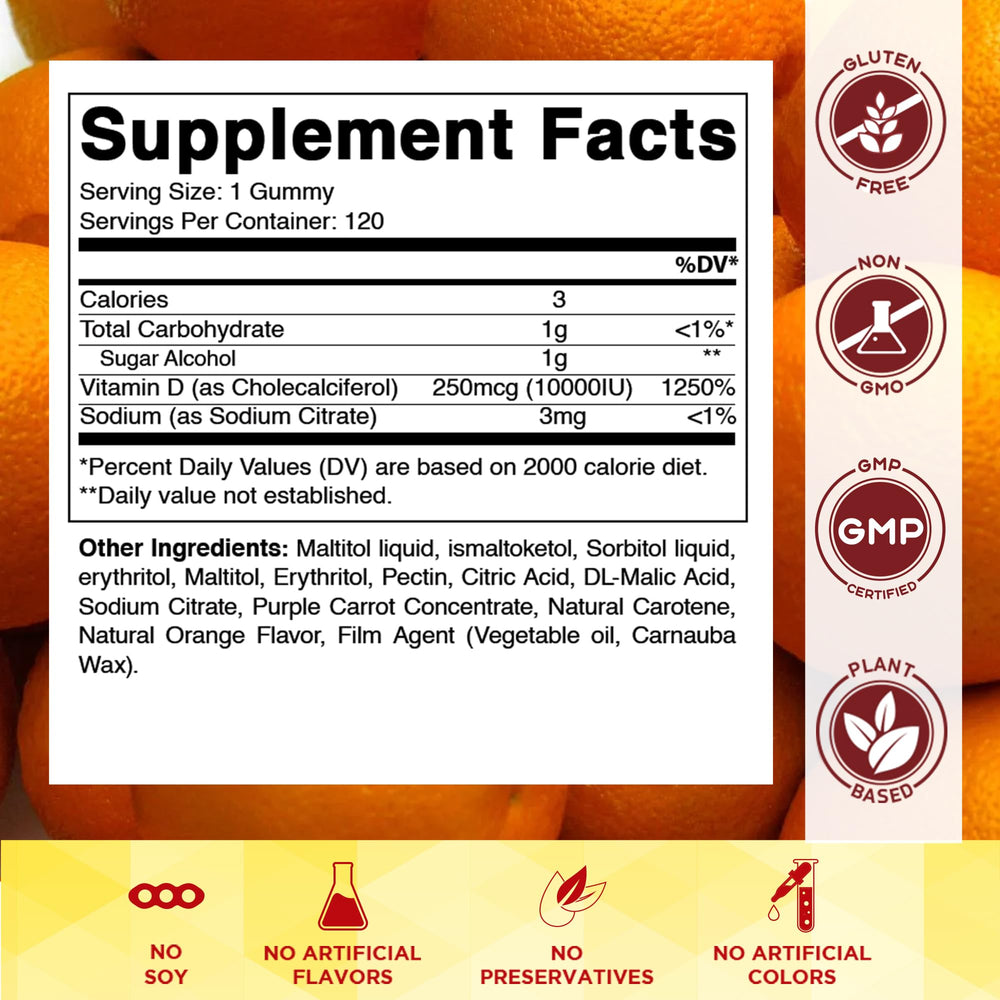 Vitamatic D3 10000 IU gummies deliver orange-flavored D3 for easy daily dosing.