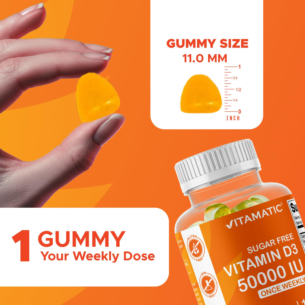 Vitamatic D3 bottle close-up showing label and 50,000 IU weekly potency.