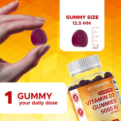 Vitamatic D3 gummies packaging highlighting the bottle and non-GMO formula.