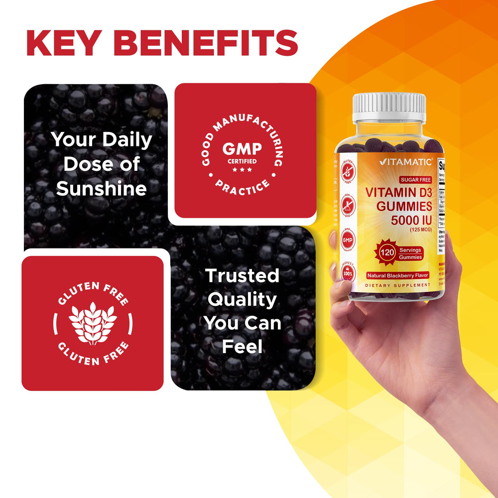 Vitamatic D3 ingredients panel, gluten-free and sugar-free formulation.