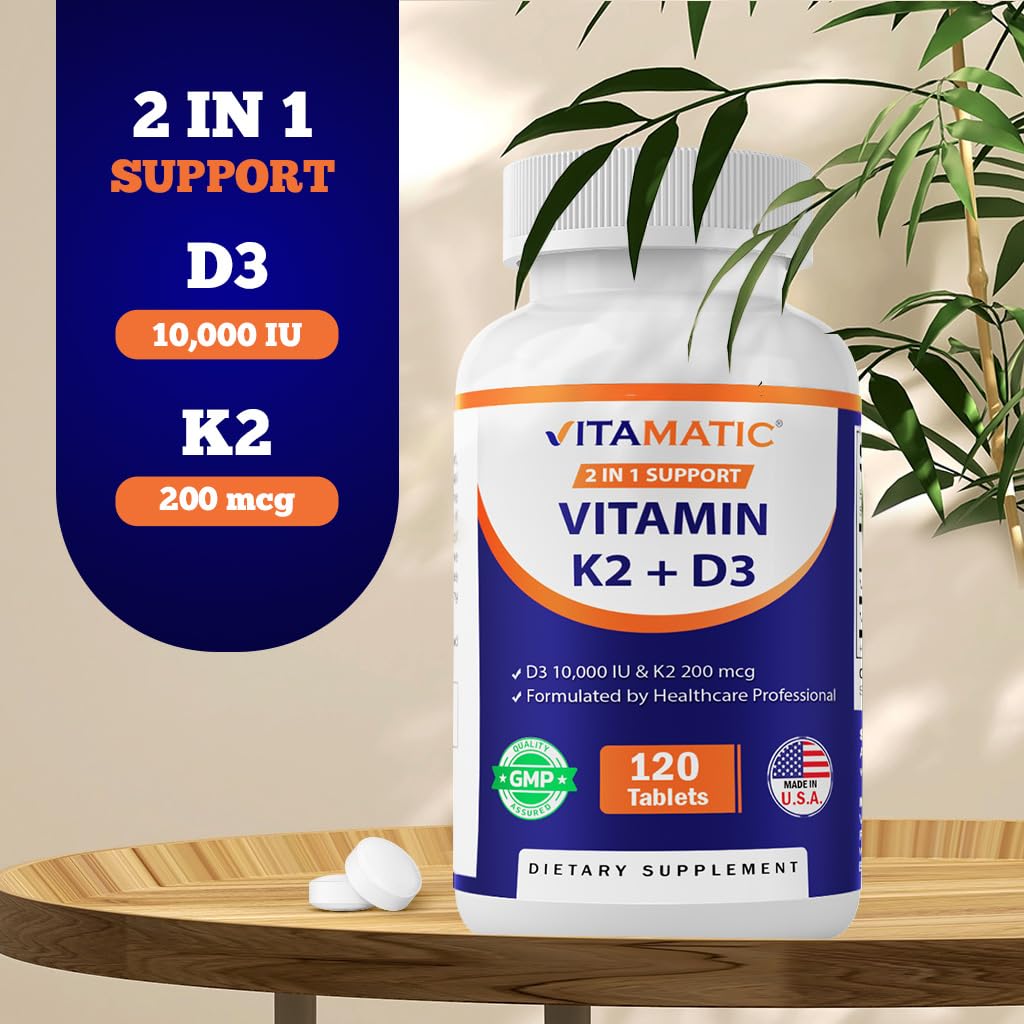 Vitamatic D3 K2 label close-up showing quality and USA manufacturing.