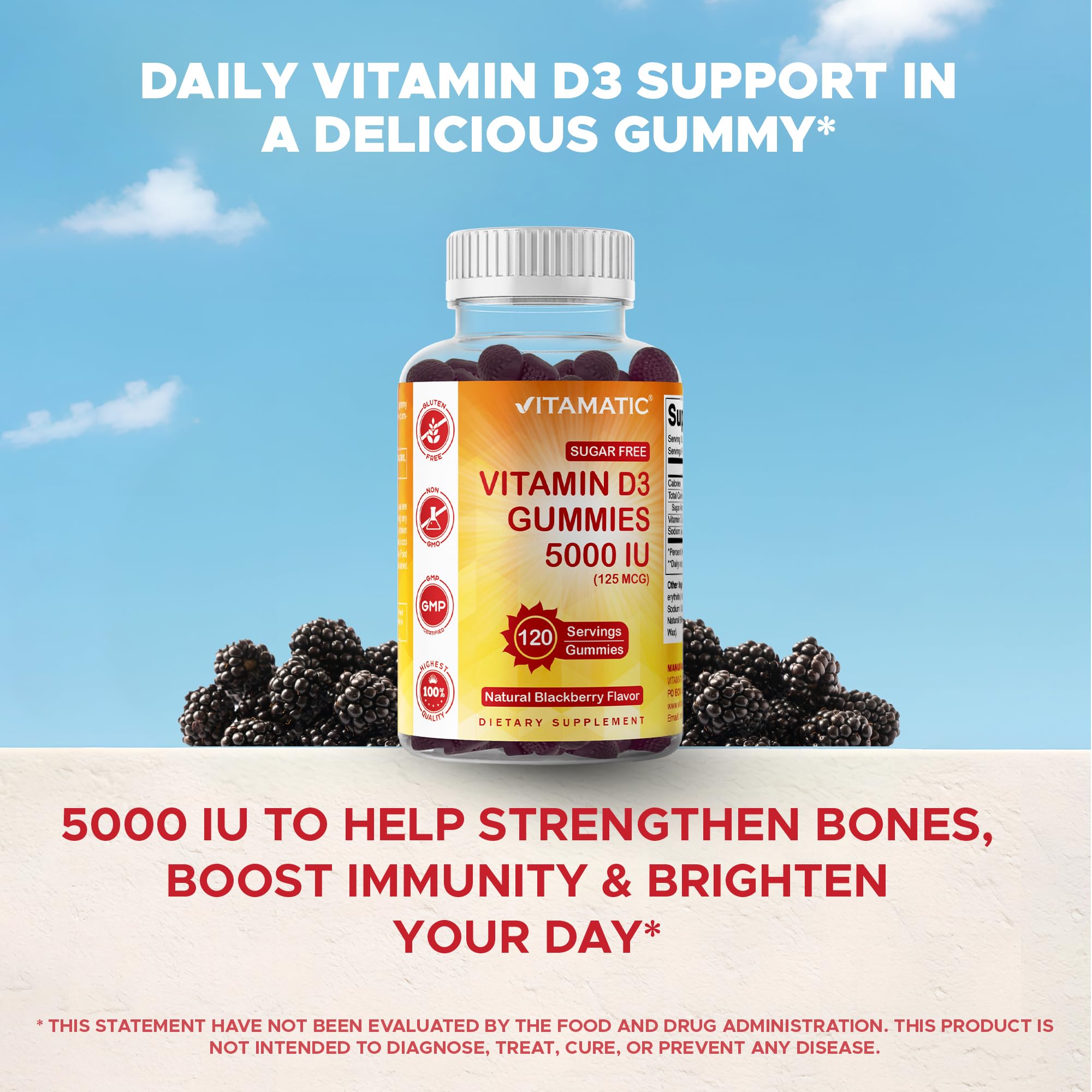 Vitamatic D3 non-GMO seal and gluten-free indication on label.