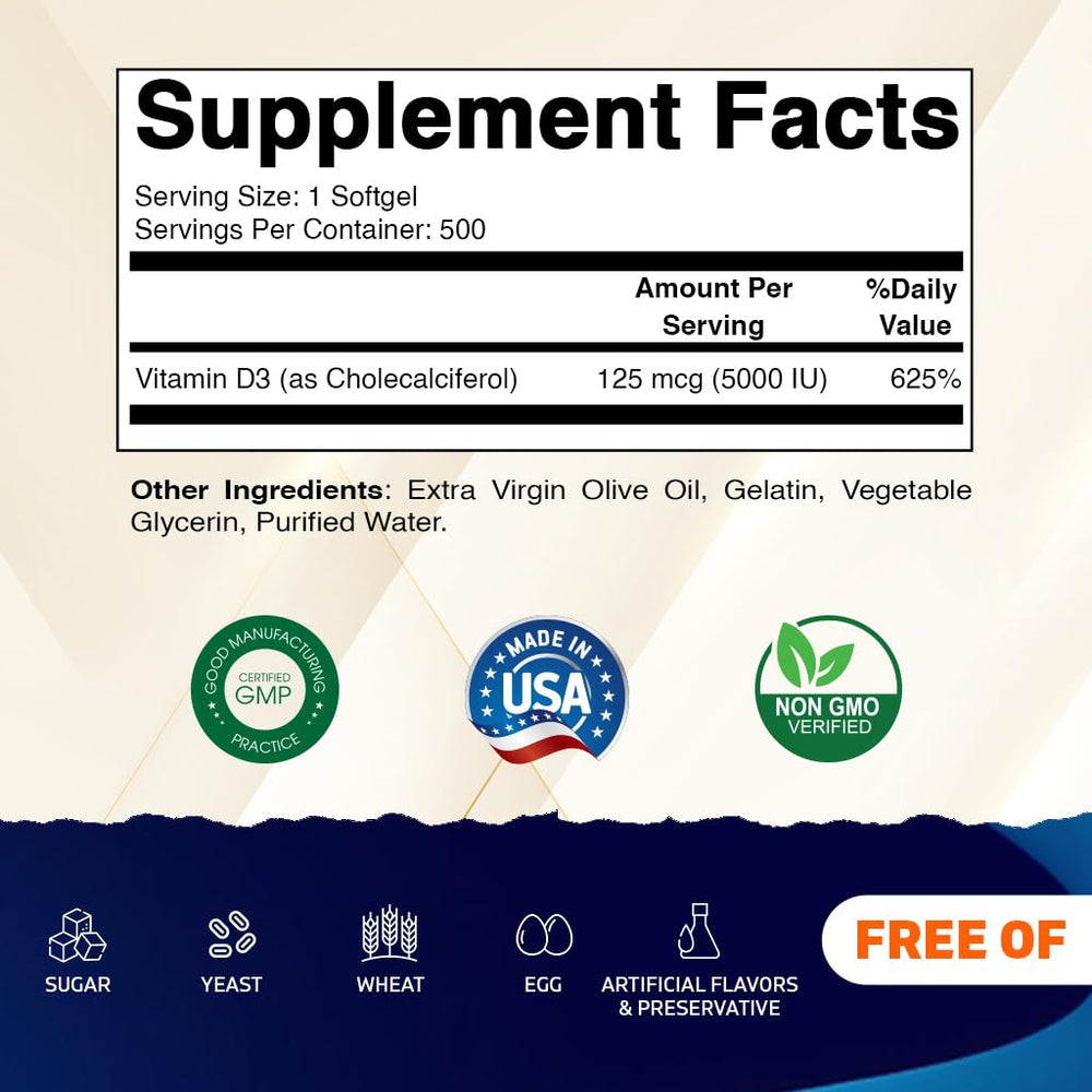 Vitamatic D3 softgels with olive oil base for enhanced absorption.
