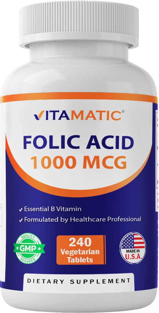 Vitamatic Folic Acid 1000 mcg bottle for prenatal nutrition.