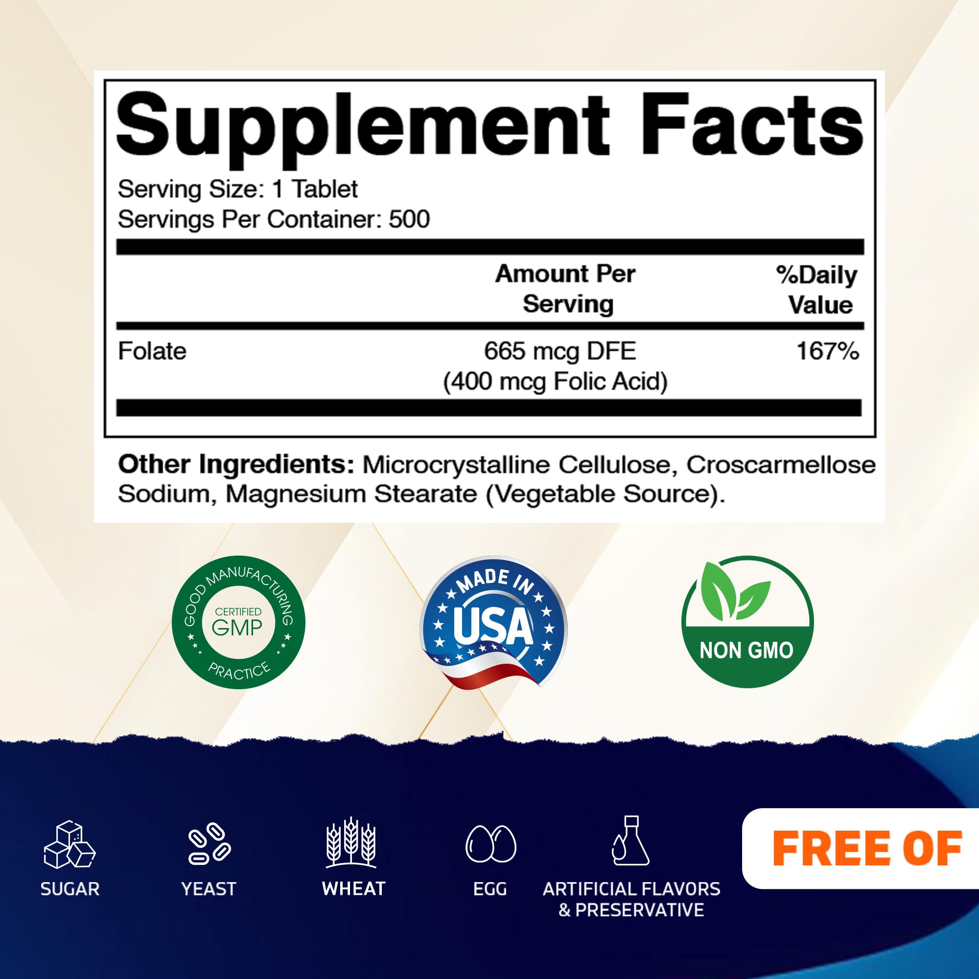 Vitamatic Folic Acid label on bottle highlighting non GMO and gluten free