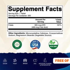 Vitamatic Folic Acid label on bottle highlighting non GMO and gluten free