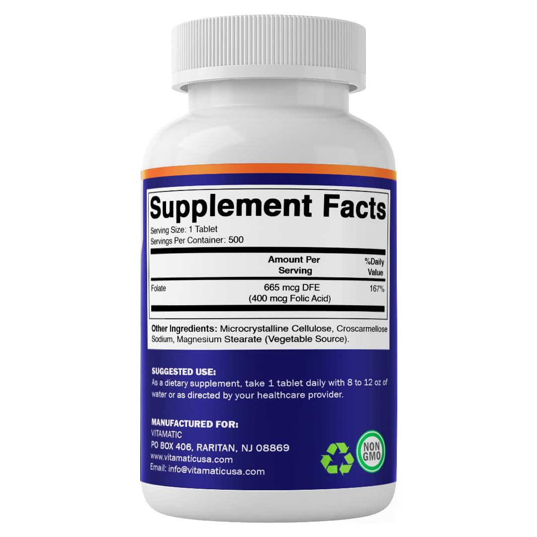 Bottle cap and branding of Vitamatic folic acid supplement