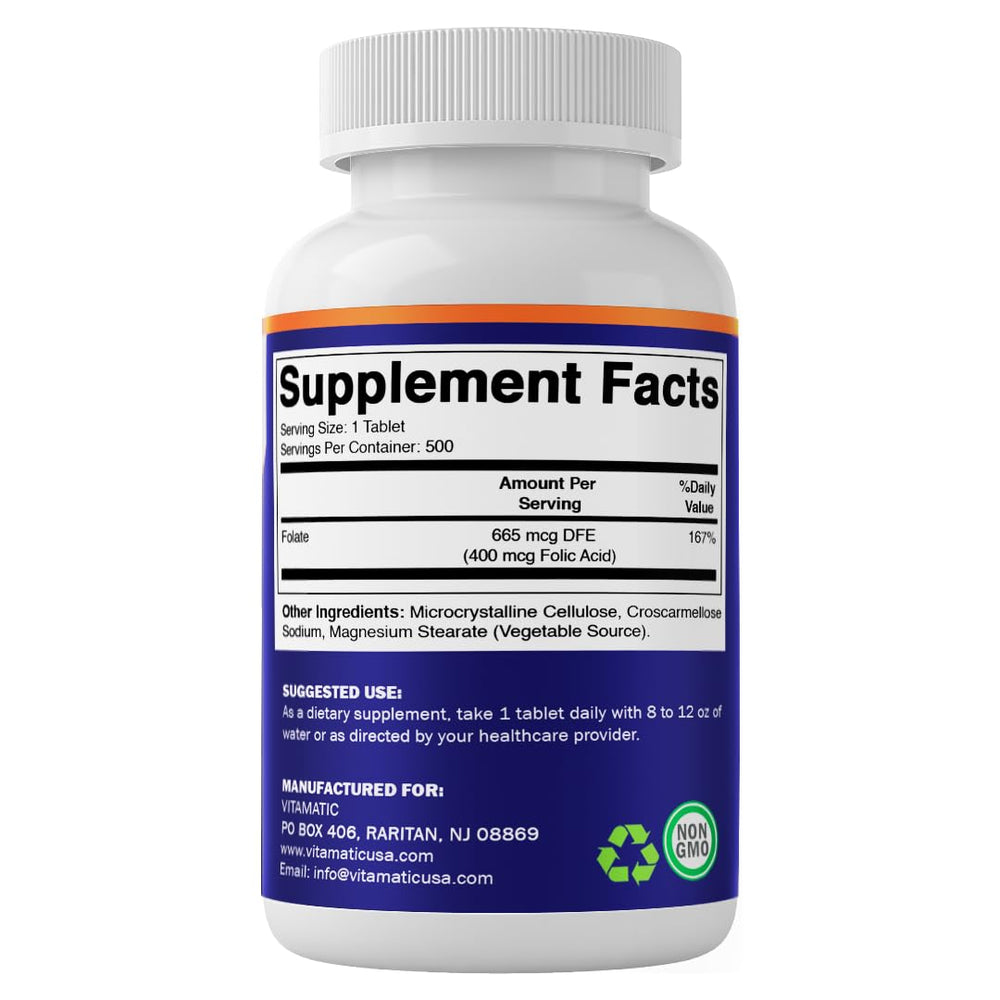 Bottle cap and branding of Vitamatic folic acid supplement