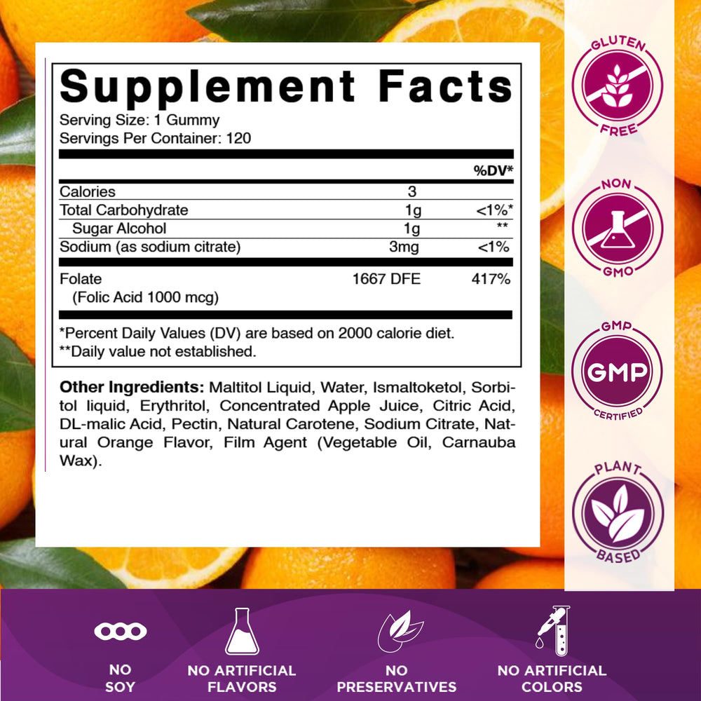 Vitamatic Folic Acid Gummies close-up – vibrant orange gummies supporting prenatal wellness