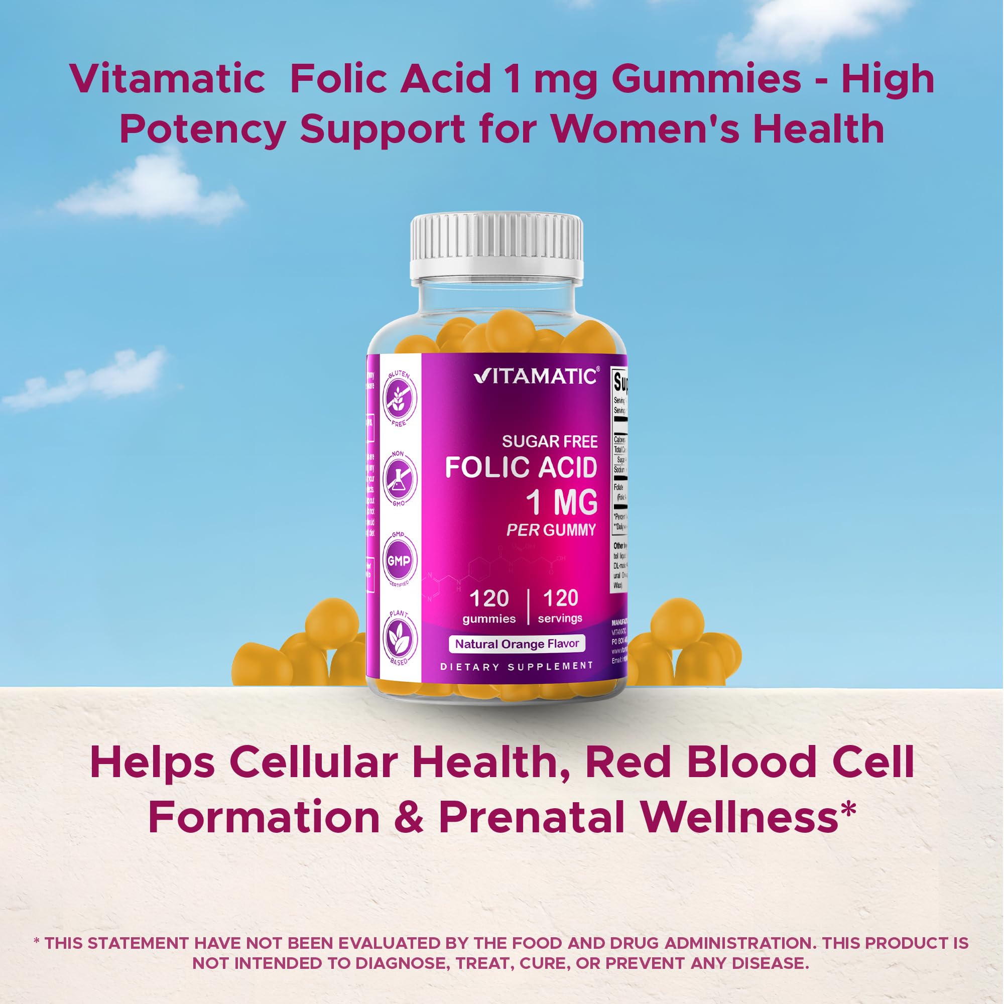 Vitamatic Folic Acid Gummies ingredients panel – shows folic acid and vegan base