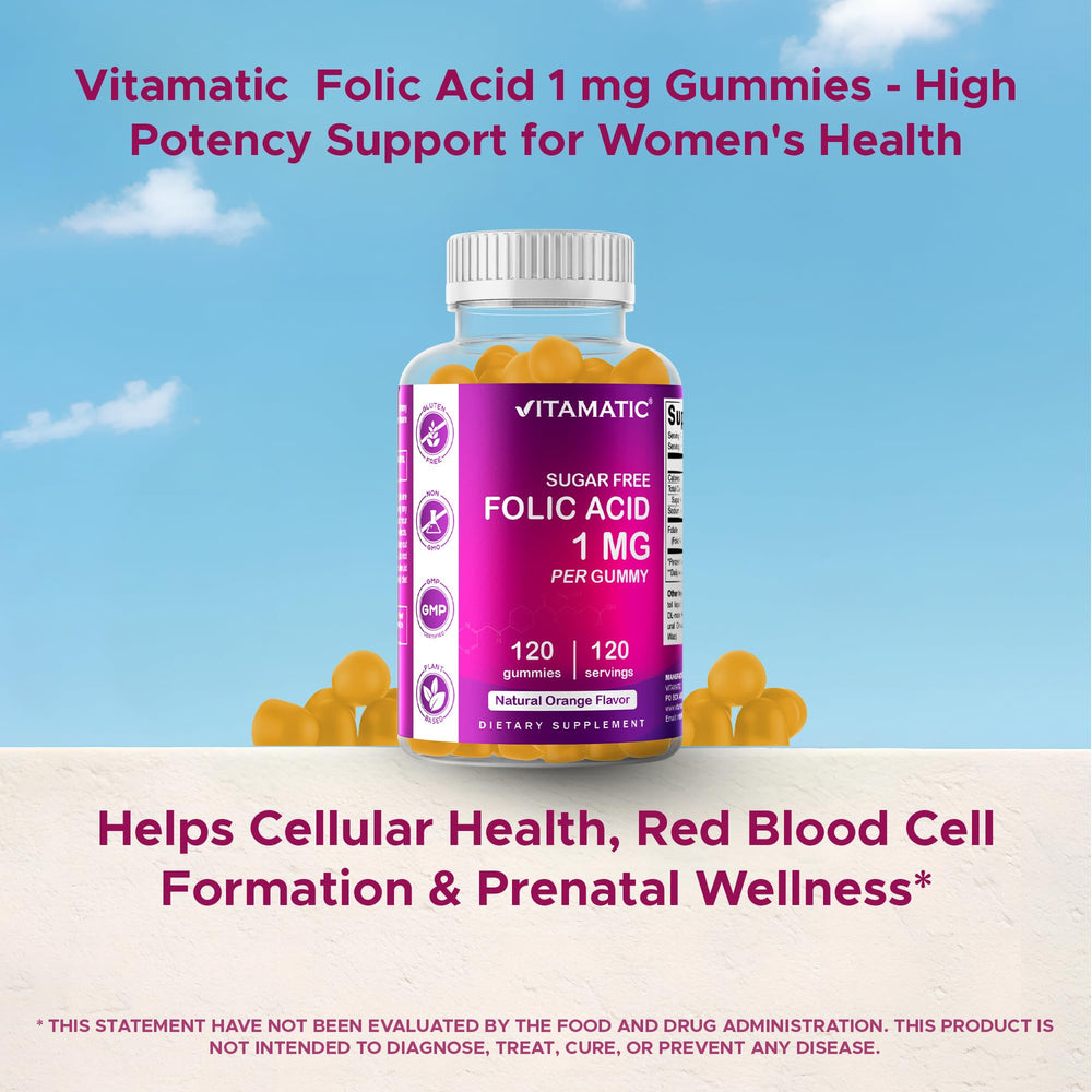 Vitamatic Folic Acid Gummies ingredients panel – shows folic acid and vegan base
