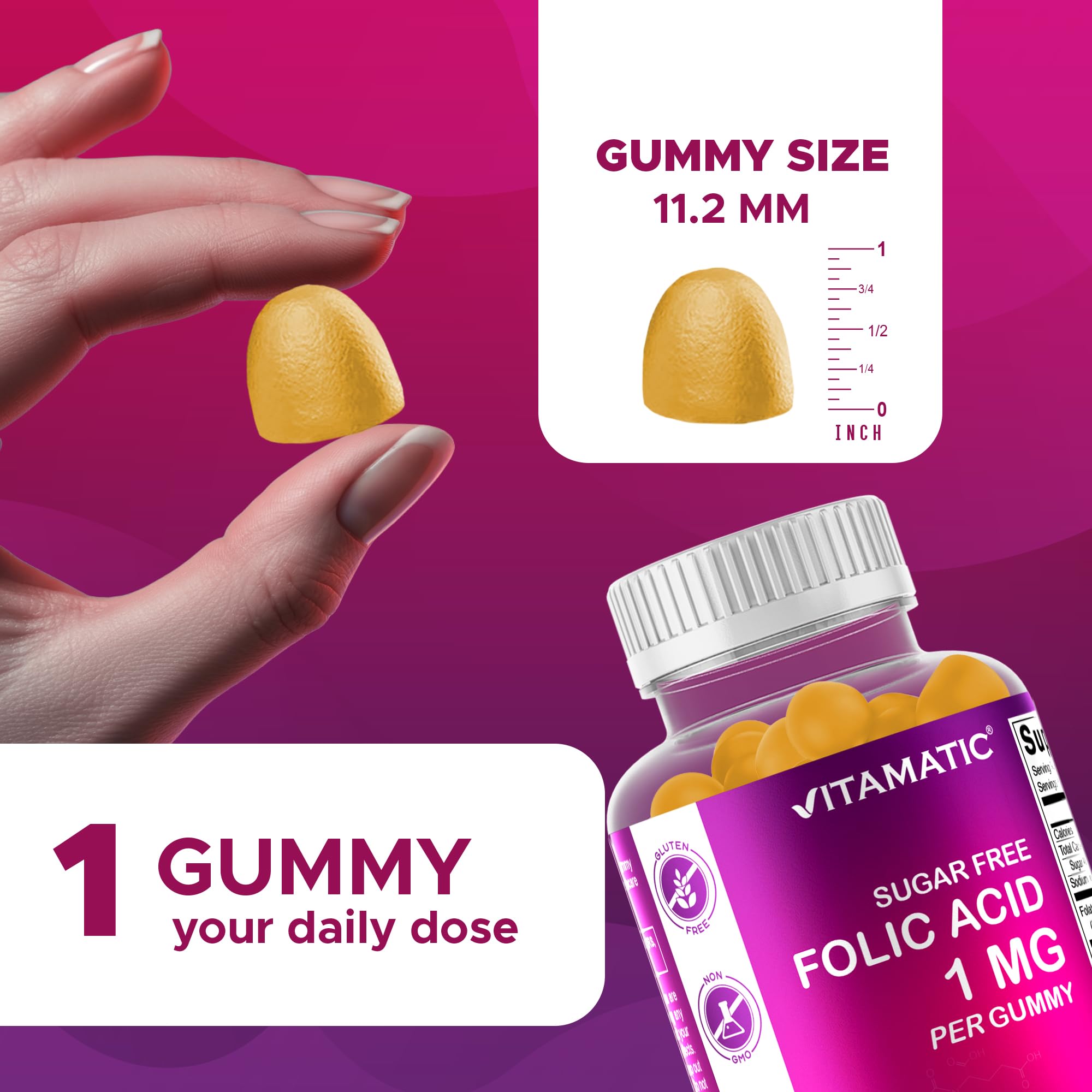 Vitamatic Folic Acid Gummies bottle label – vegan, non-GMO, and gluten-free