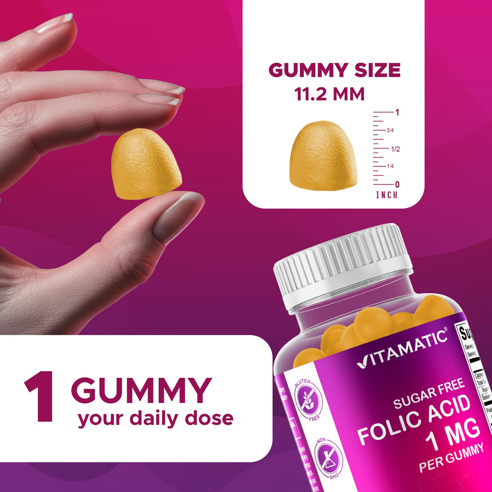 Vitamatic Folic Acid Gummies bottle label – vegan, non-GMO, and gluten-free