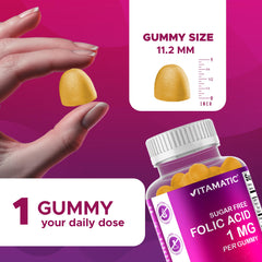 Vitamatic Folic Acid Gummies bottle label – vegan, non-GMO, and gluten-free