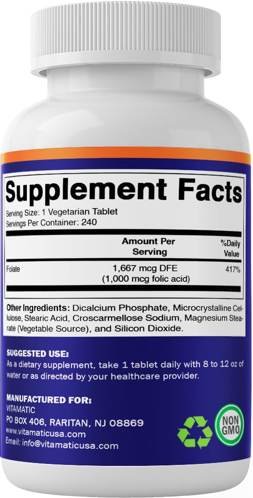 Vitamatic folic acid tablets inside blister pack for viewing.