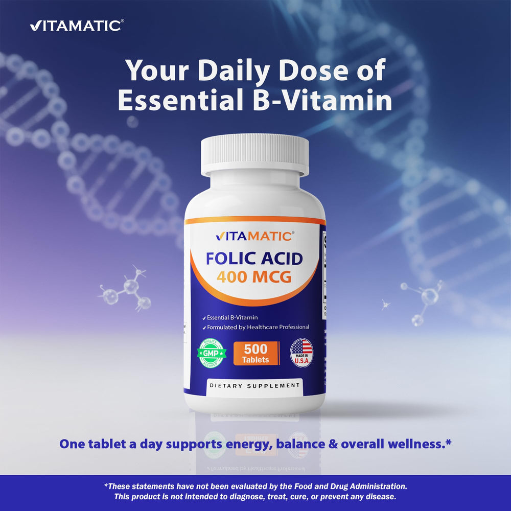 Vitamatic folic acid bottle made in the USA with GMP standards