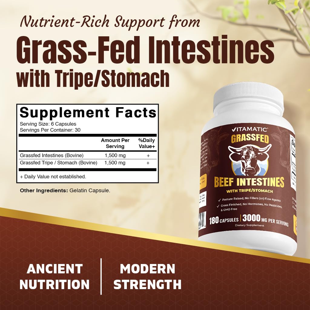 Vitamatic freeze-dried beef intestines capsules display pure content for potency.