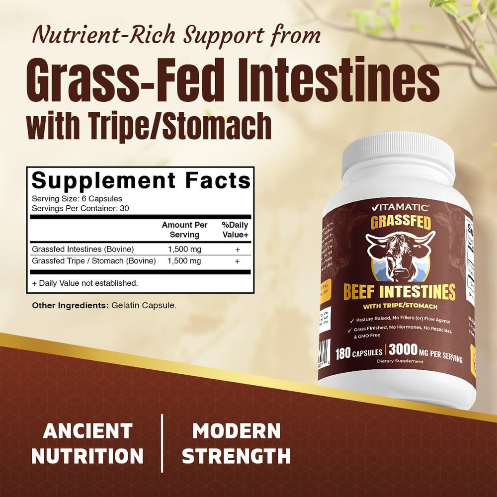 Vitamatic freeze-dried beef intestines capsules display pure content for potency.
