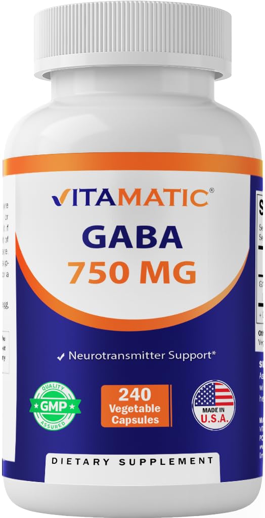 Vitamatic GABA bottle front view highlighting non-GMO and gluten-free formula.