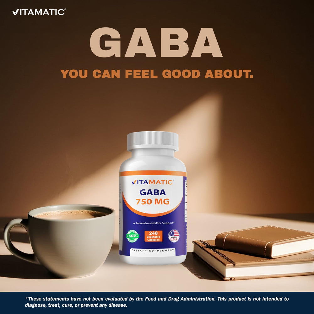 Vitamatic GABA label emphasizes non-GMO and gluten-free options.