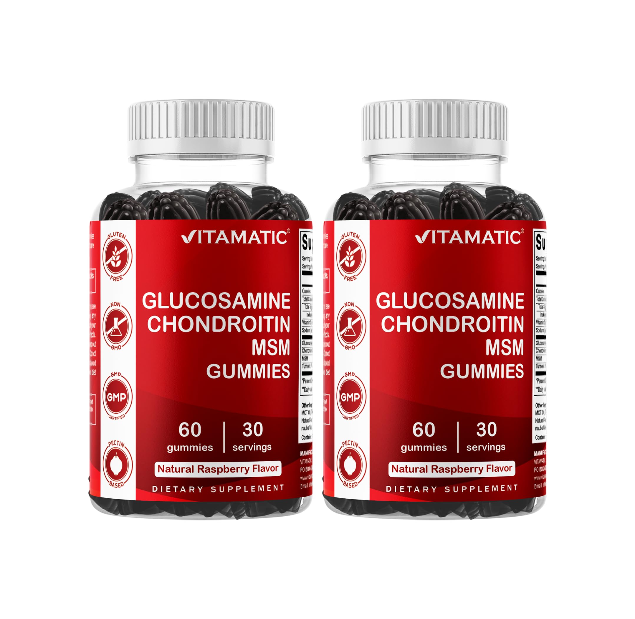 Vitamatic glucosamine chondroitin gummies bottle for daily joint support and flavor.