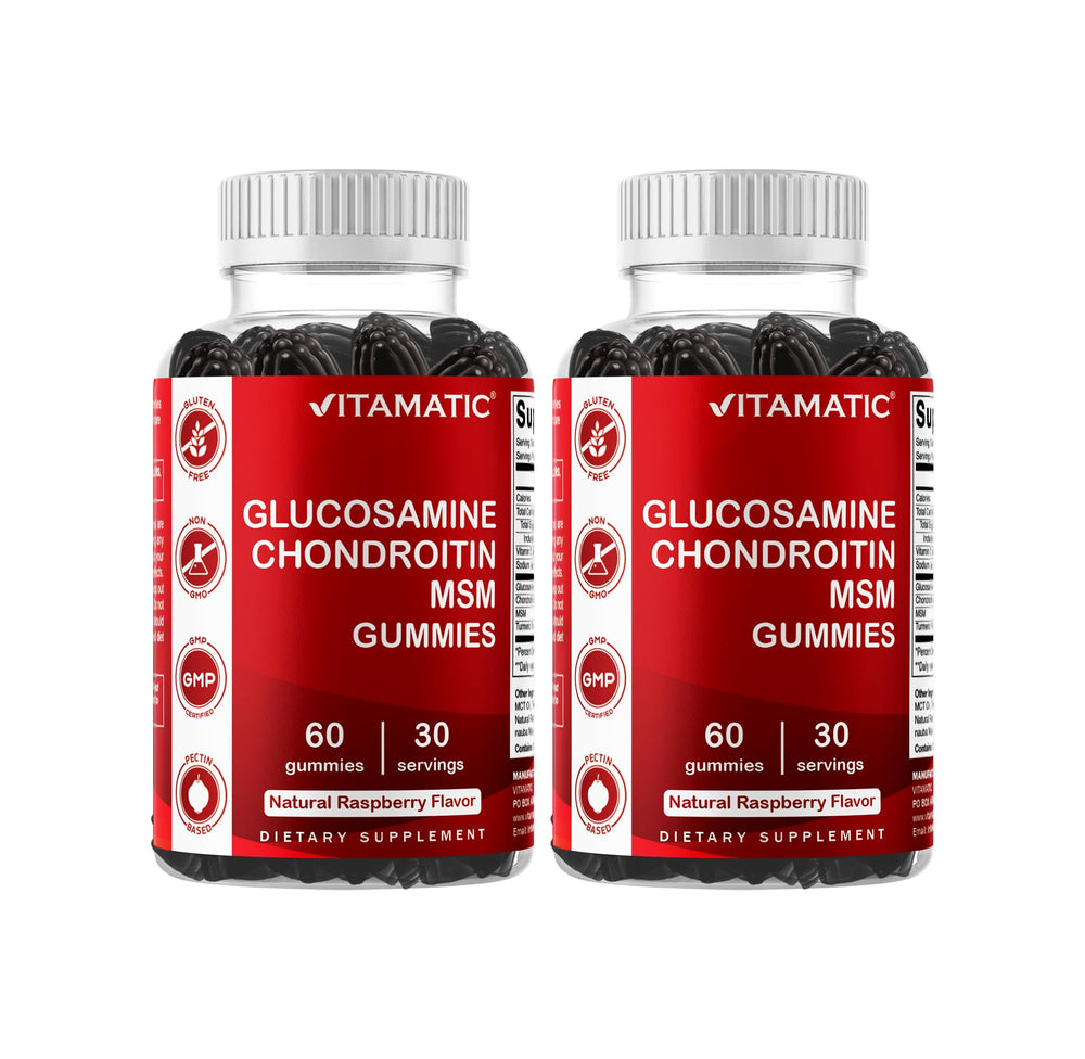 Vitamatic glucosamine chondroitin gummies bottle for daily joint support and flavor.