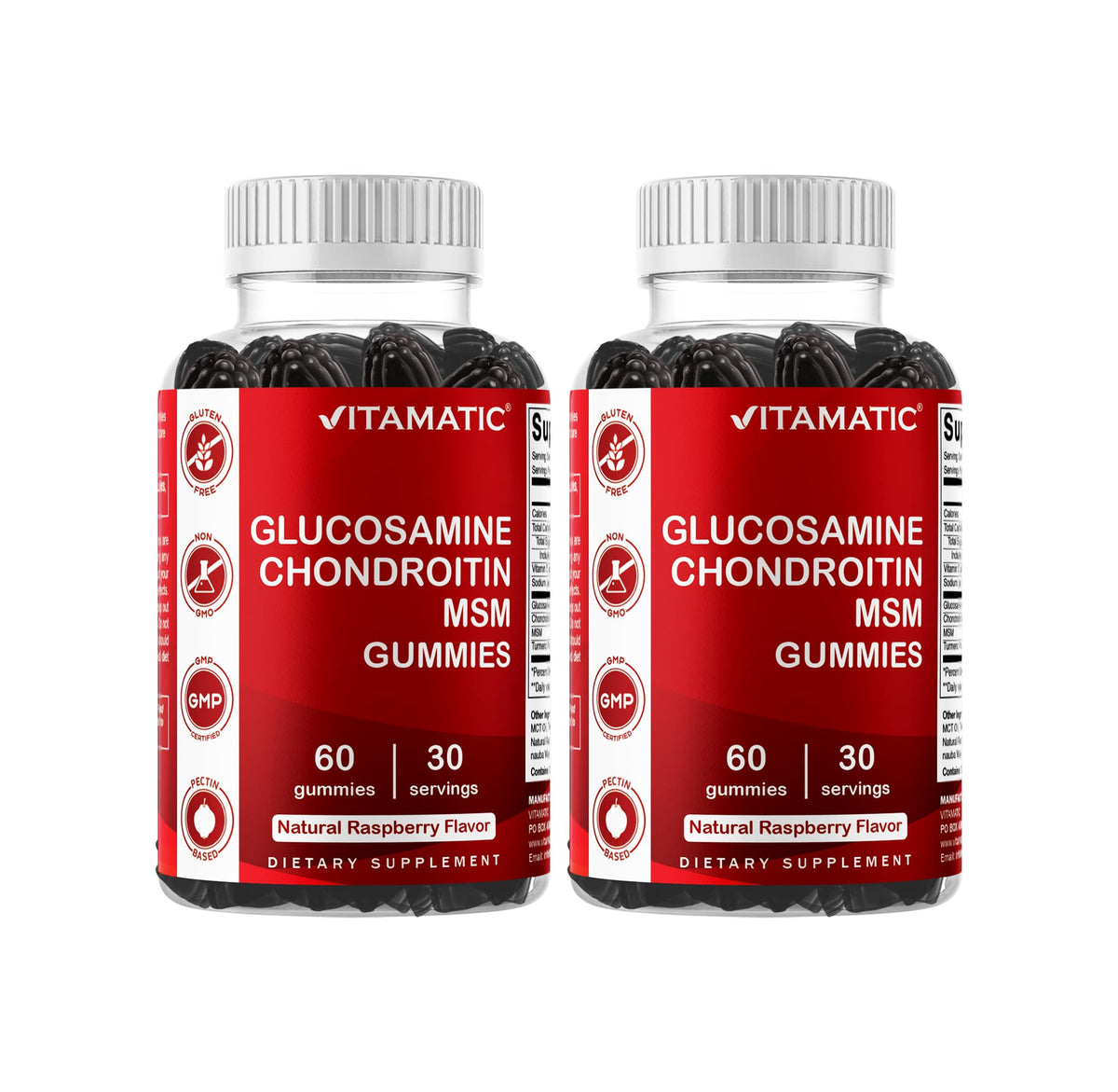 Vitamatic glucosamine chondroitin gummies bottle for daily joint support and flavor.