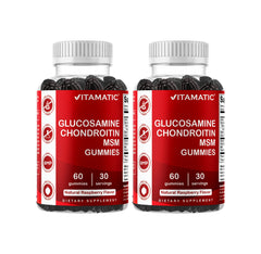 Vitamatic glucosamine chondroitin gummies bottle for daily joint support and flavor.