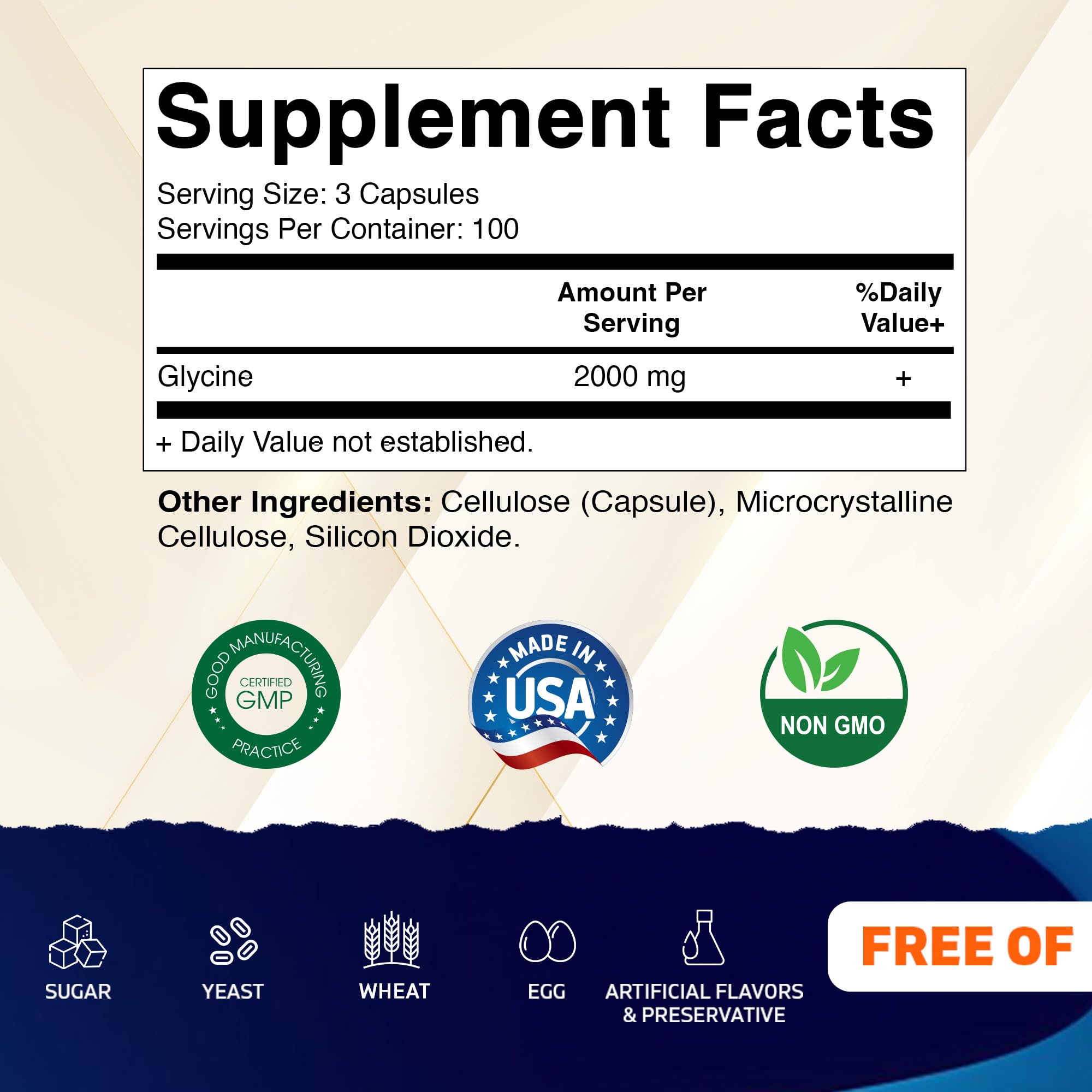 Vitamatic Glycine bottle close-up label—gluten-free and non-GMO formulation.